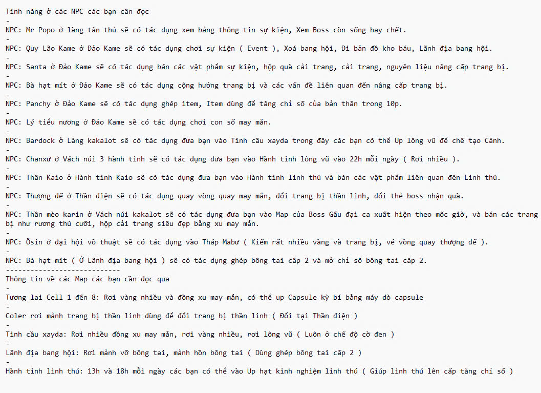 Thông tin về NPC và Tác dụng